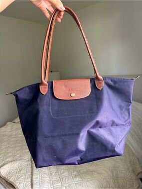 Longchamp Navy Tote with Brown Trim and Handles